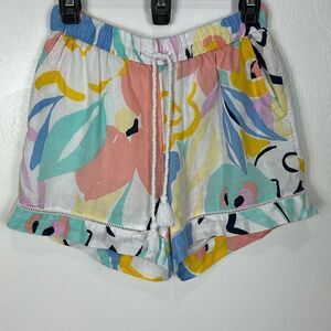 Rachel Zoe Abstract Floral Print Linen High Rise Pull On Shorts Size M